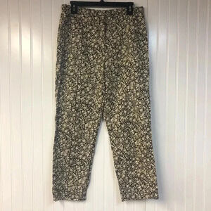 Eddie Bauer Floral Print Black Cream Straight Leg Pants Size 14 100% Cotton